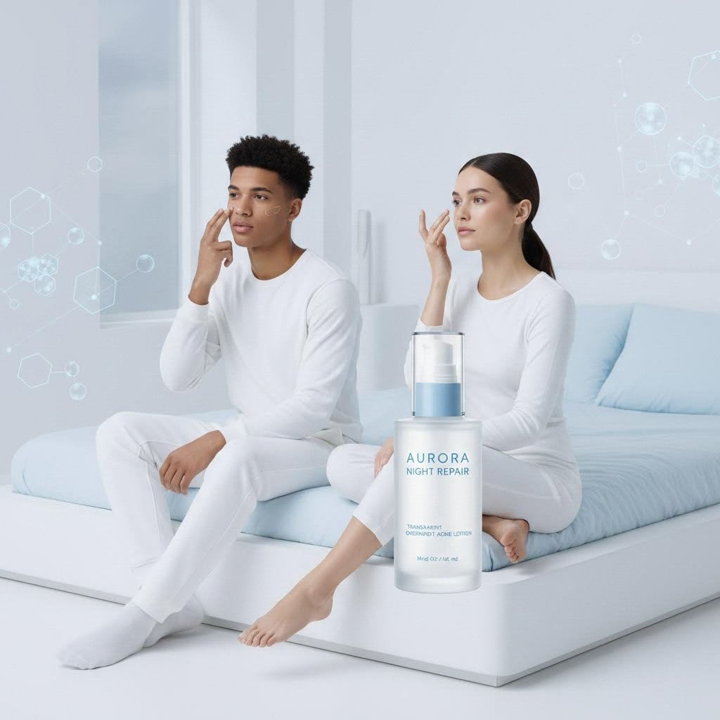 Diverse Gen Z models applying overnight acne lotion