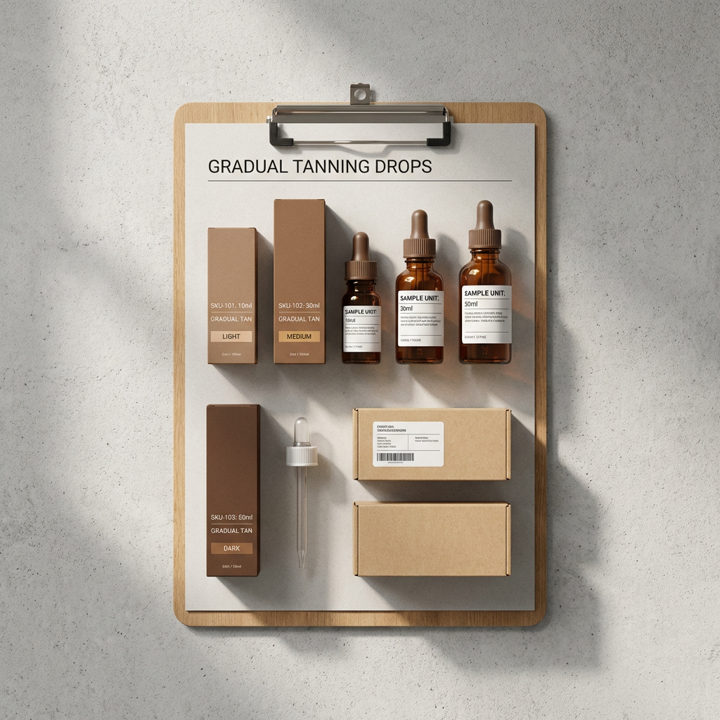 Gradual tanning drops lightweight shipping SKU packaging with premium flat lay