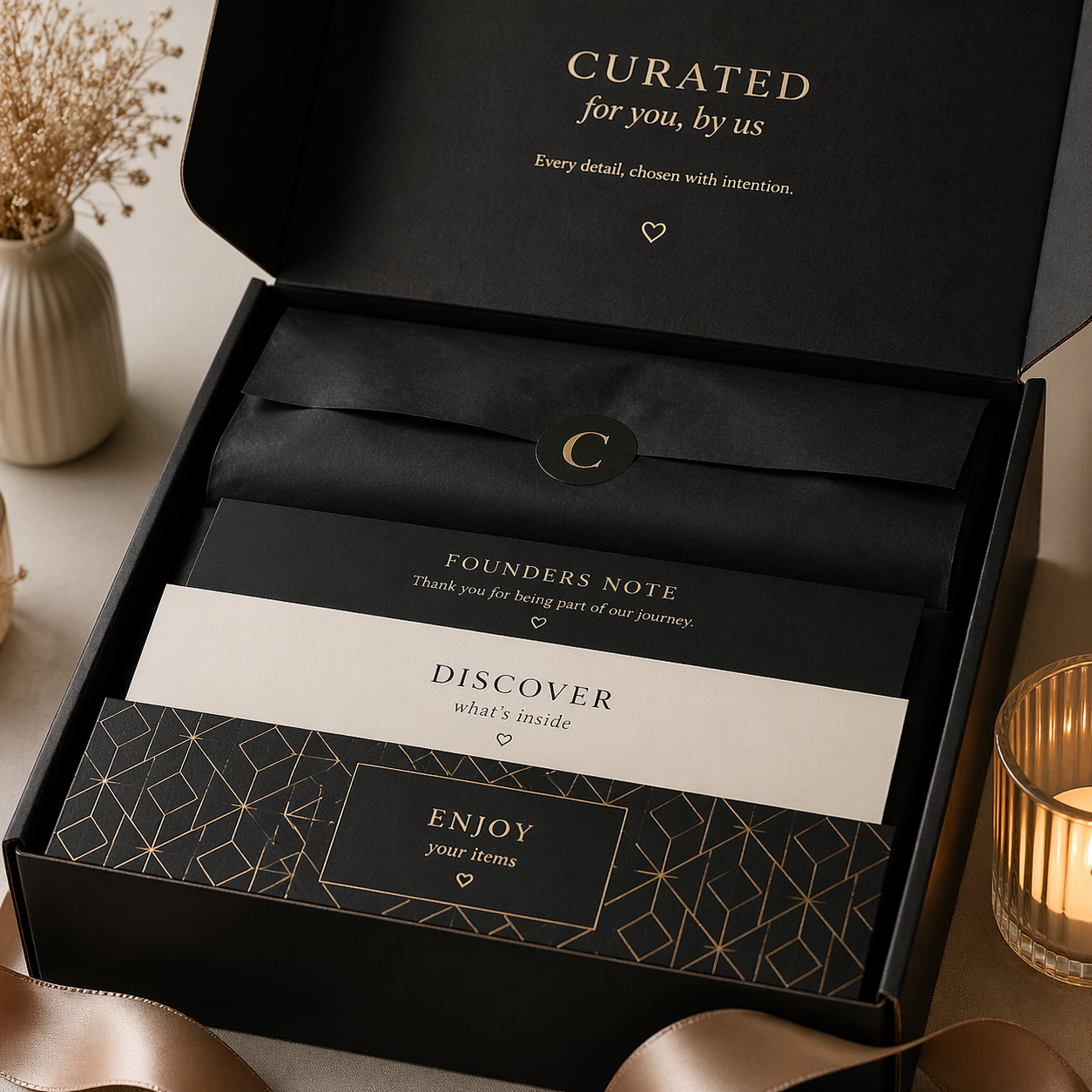 A premium subscription box unboxing sequence showing layered reveal