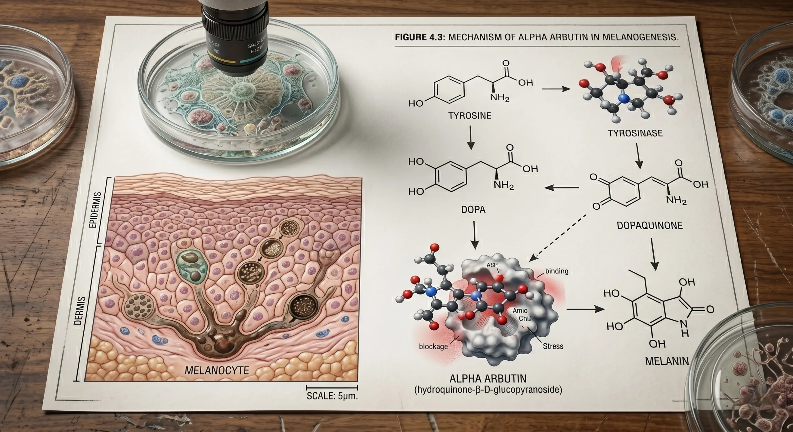 Alpha Arbutin Formulations mechanism graphic showing tyrosinase inhibition and melanin pathway control