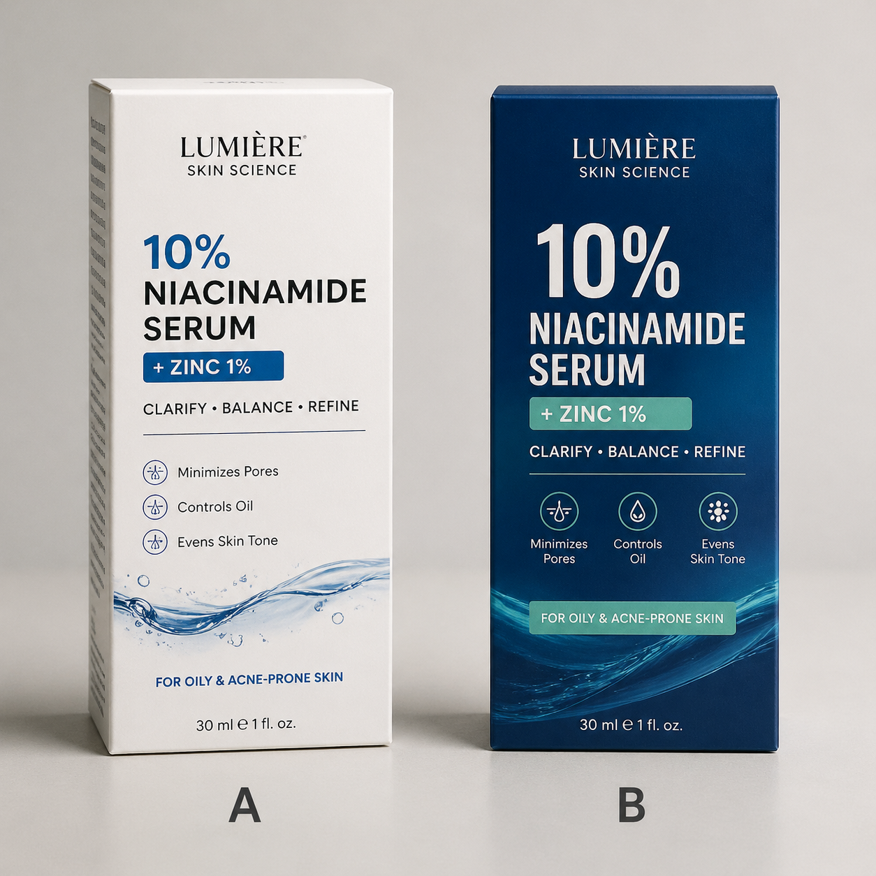 Clean flat infographic diagram on a white background detailing the visual hierarchy for a premium cosmetic product with callout labels and gray and teal color scheme