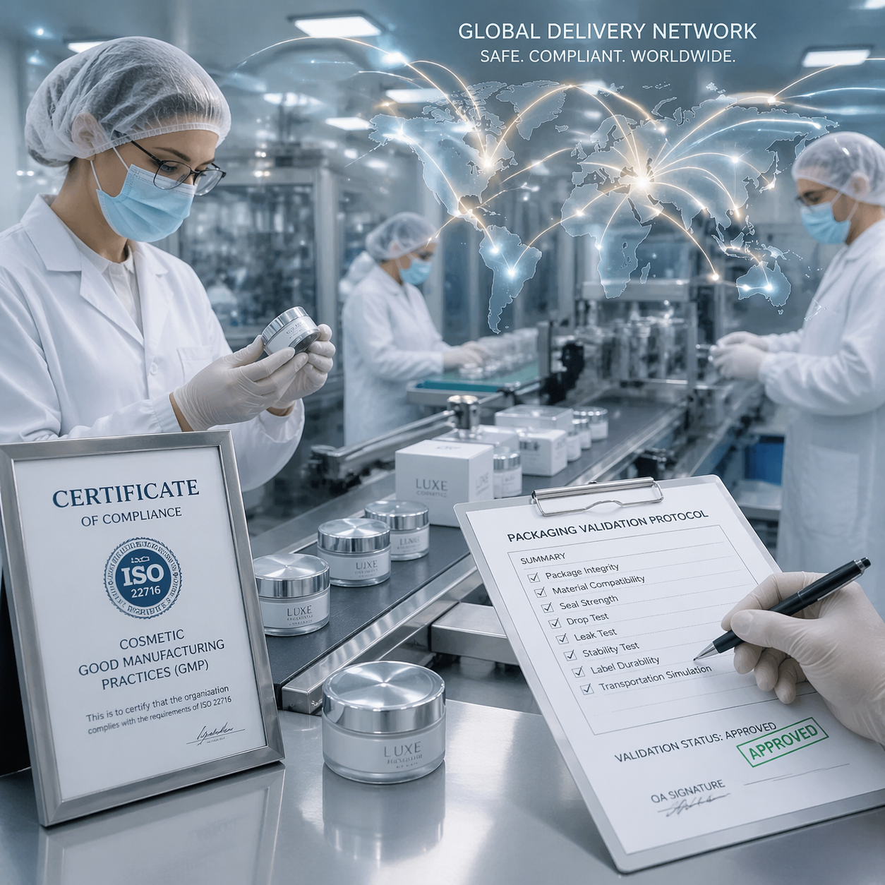 Cleanroom cosmetics manufacturing line with compliance documentation packaging validation and global shipment routing