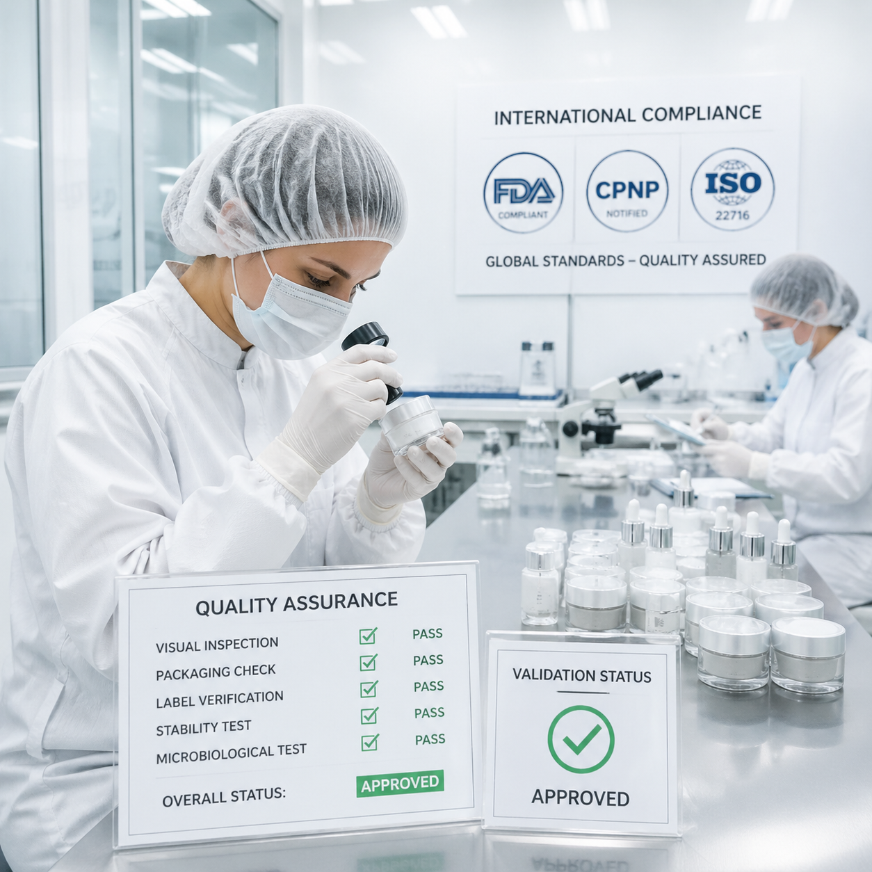 Cleanroom manufacturing scene with quality inspection packaging validation and international compliance icons