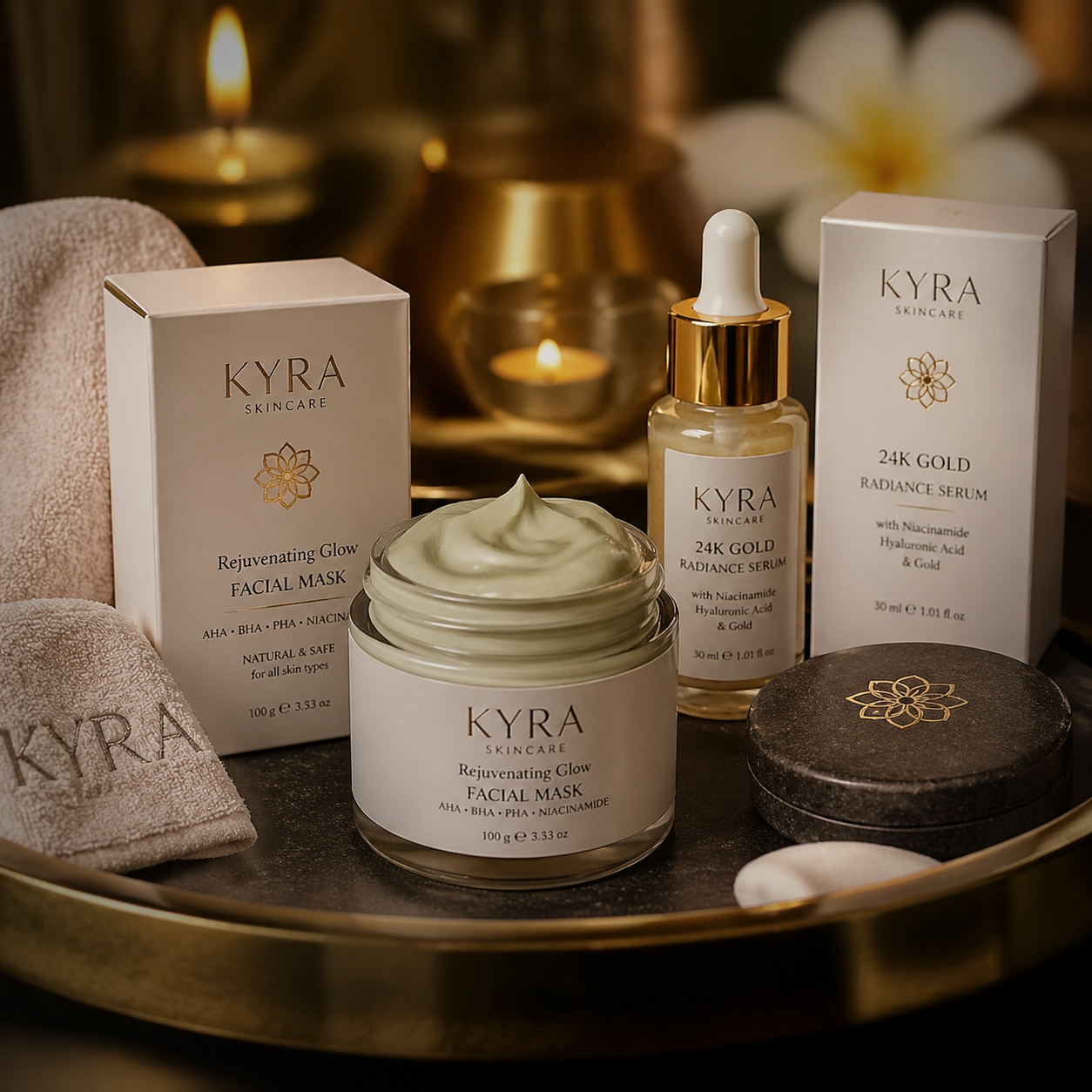 Close up of a spa treatment tray featuring a hero mask dropper serum and premium compliant packaging