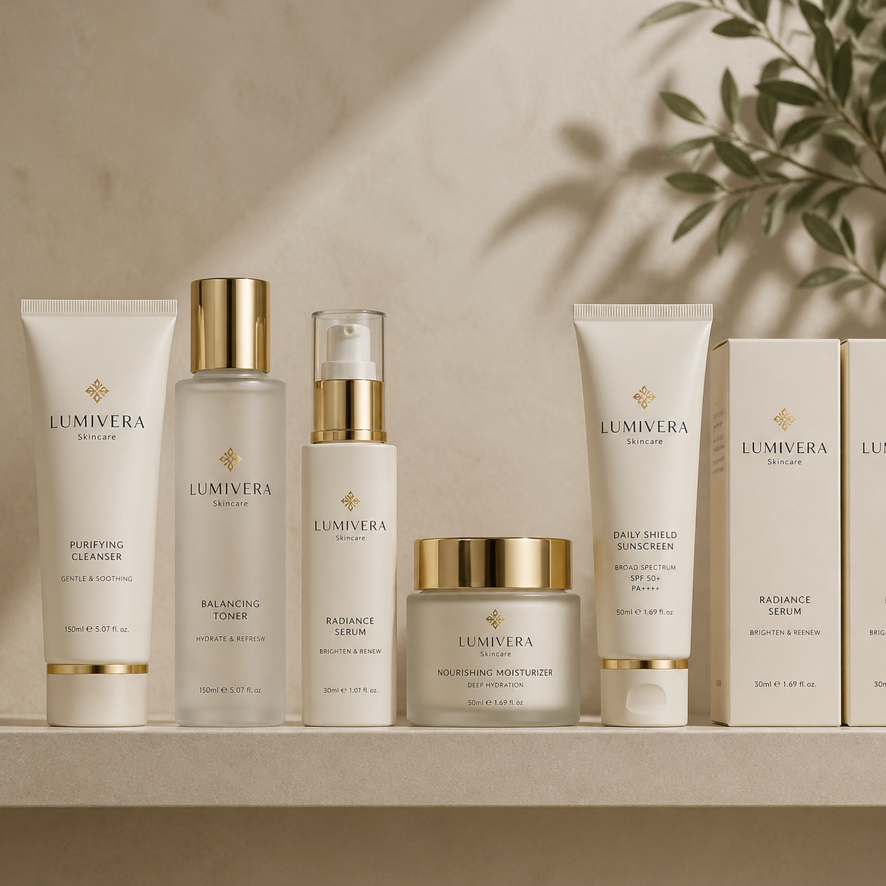 Cohesive family of premium cosmetic products including bottles jars and tubes with consistent branding arranged neatly on a polished white shelf high end studio portrait