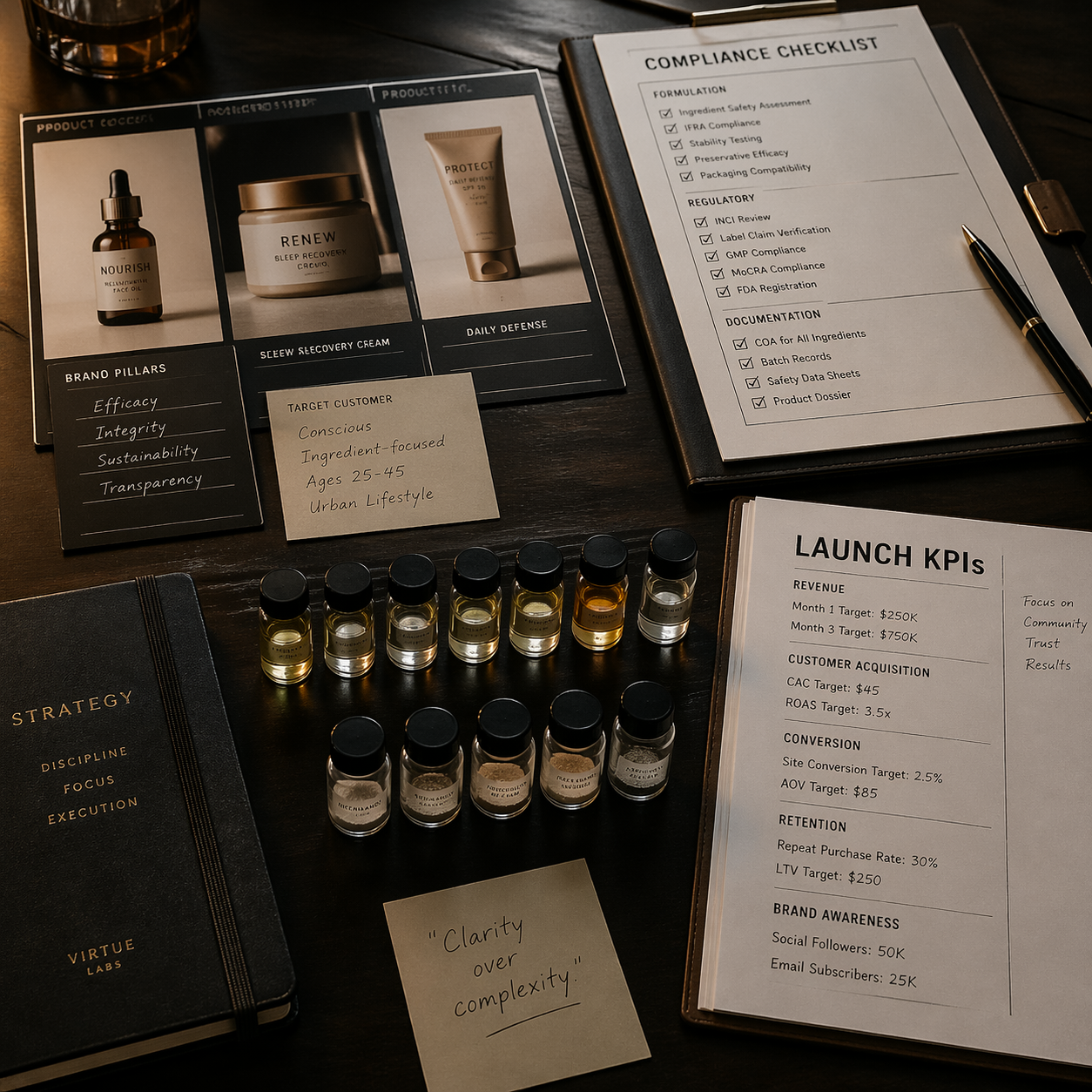 DTC brand founder strategy moodboard featuring product concept cards and compliance checklists