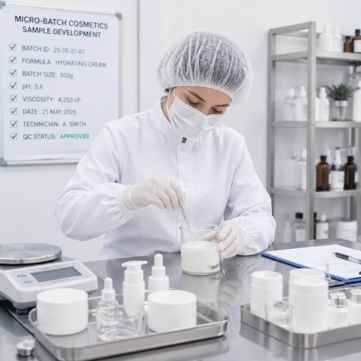 Factory cleanroom lab technician and beauty sample development bench illustrating compliant micro batch manufacturing