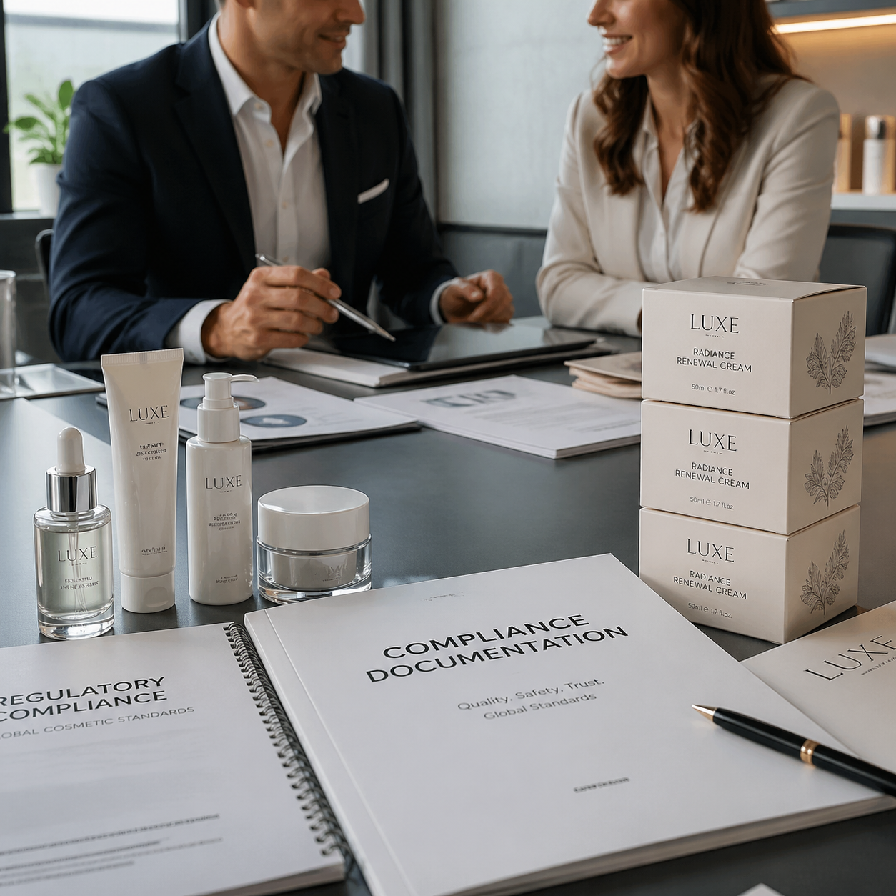 Founder and retail buyer reviewing samples compliance docs and shelf ready packaging in a modern meeting room