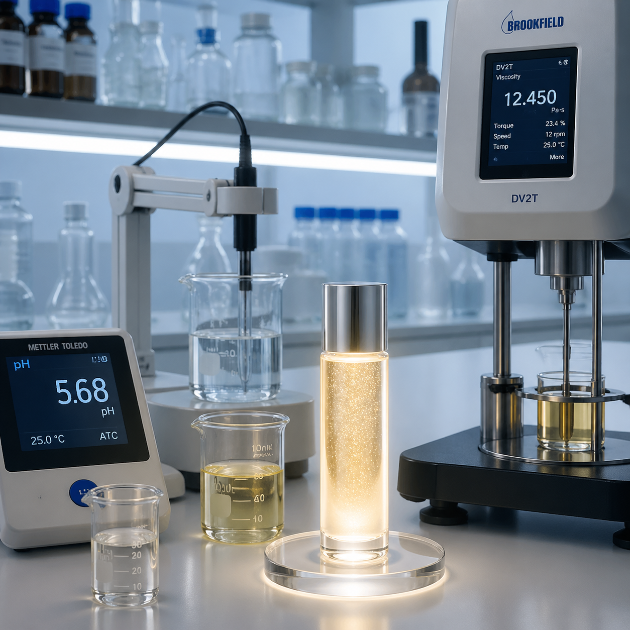 Glass skin trends brightening essence laboratory pH and viscosity testing setup