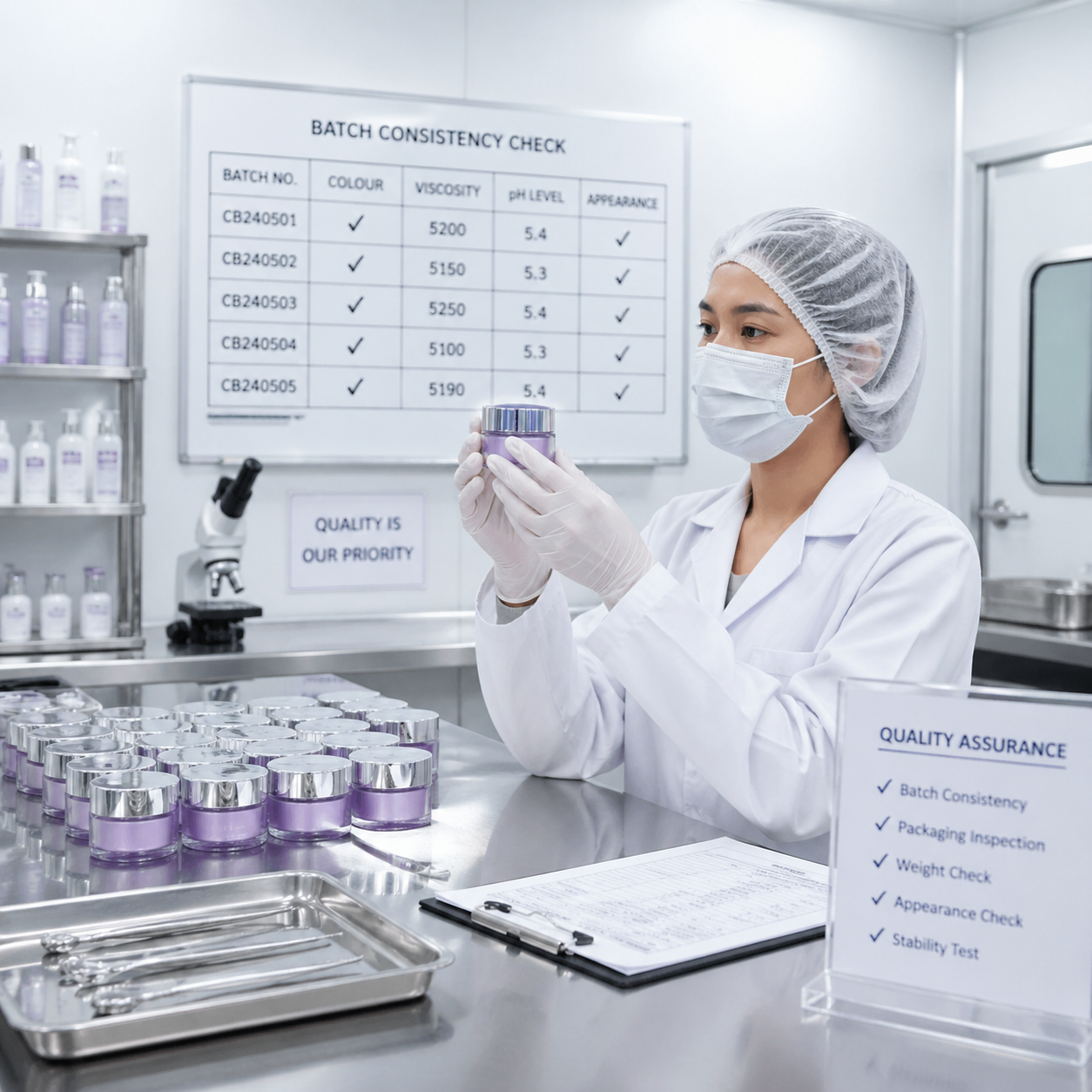 Manufacturing cleanroom and QA process with samples inspection tools and batch consistency visuals