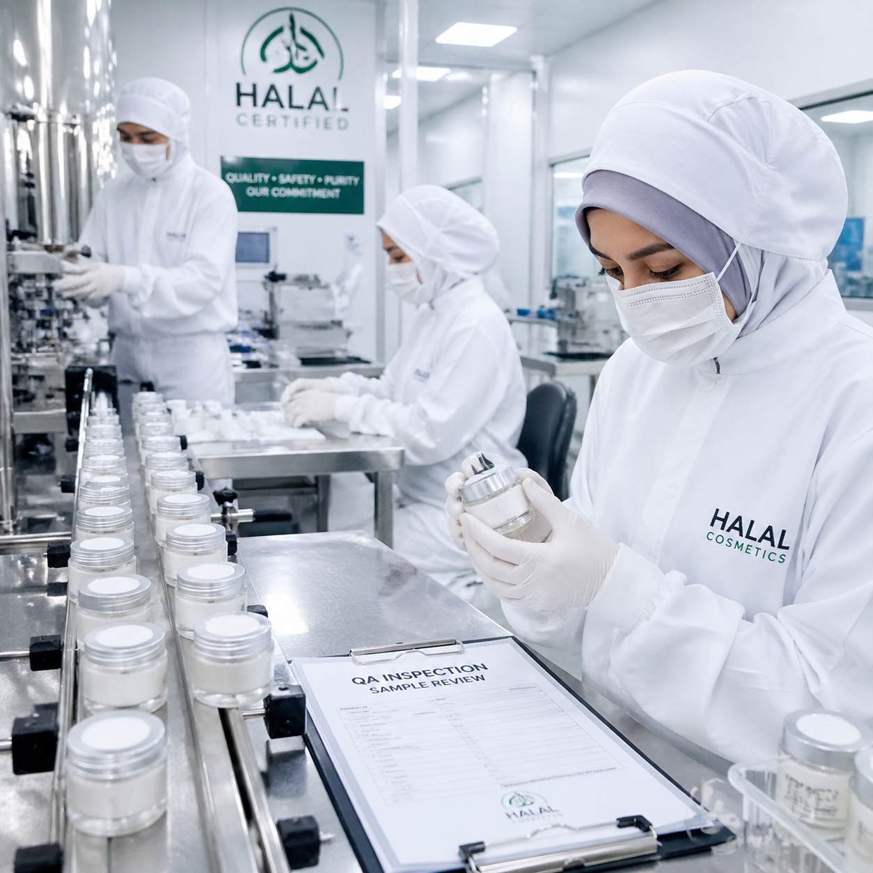 Manufacturing line inside a medical grade cleanroom with halal compliant cosmetic production and QA inspection