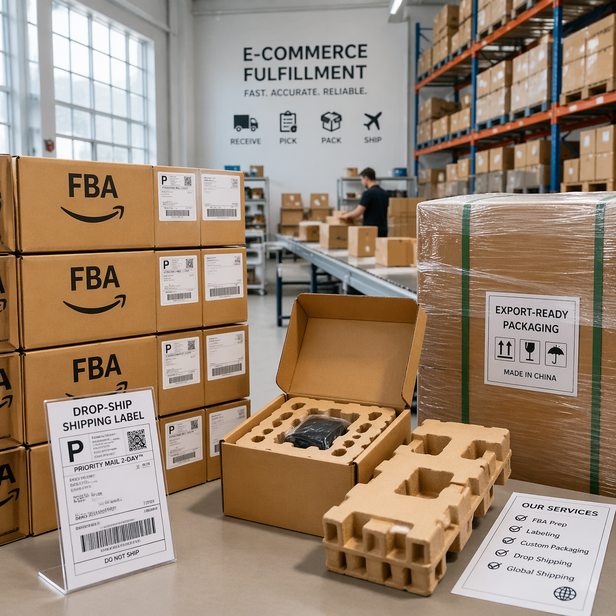 Organized e-commerce fulfillment warehouse showing FBA cartons and shipping labels