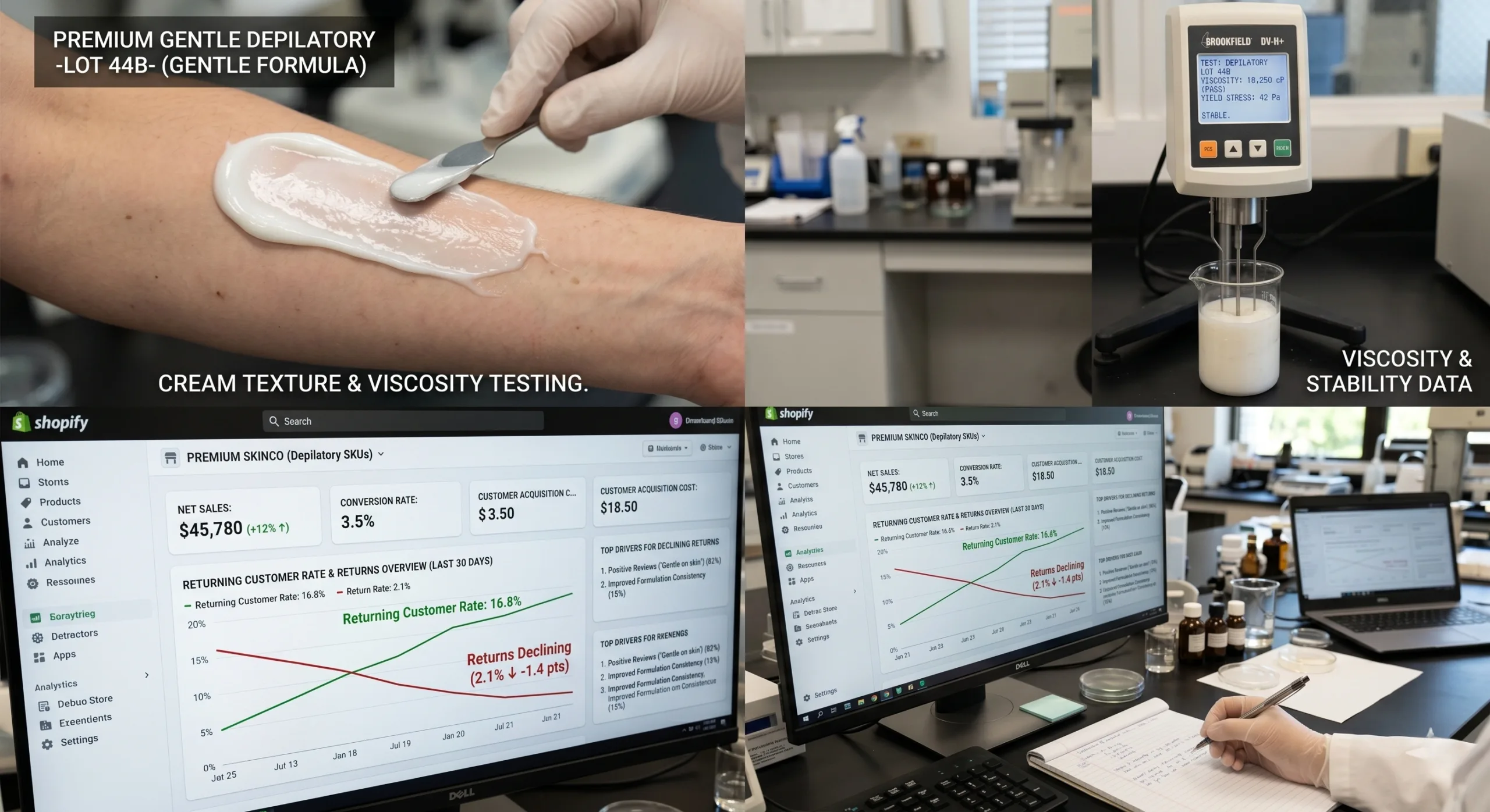 Painless Hair Removal Cream laboratory testing and Shopify return rate reduction dashboard