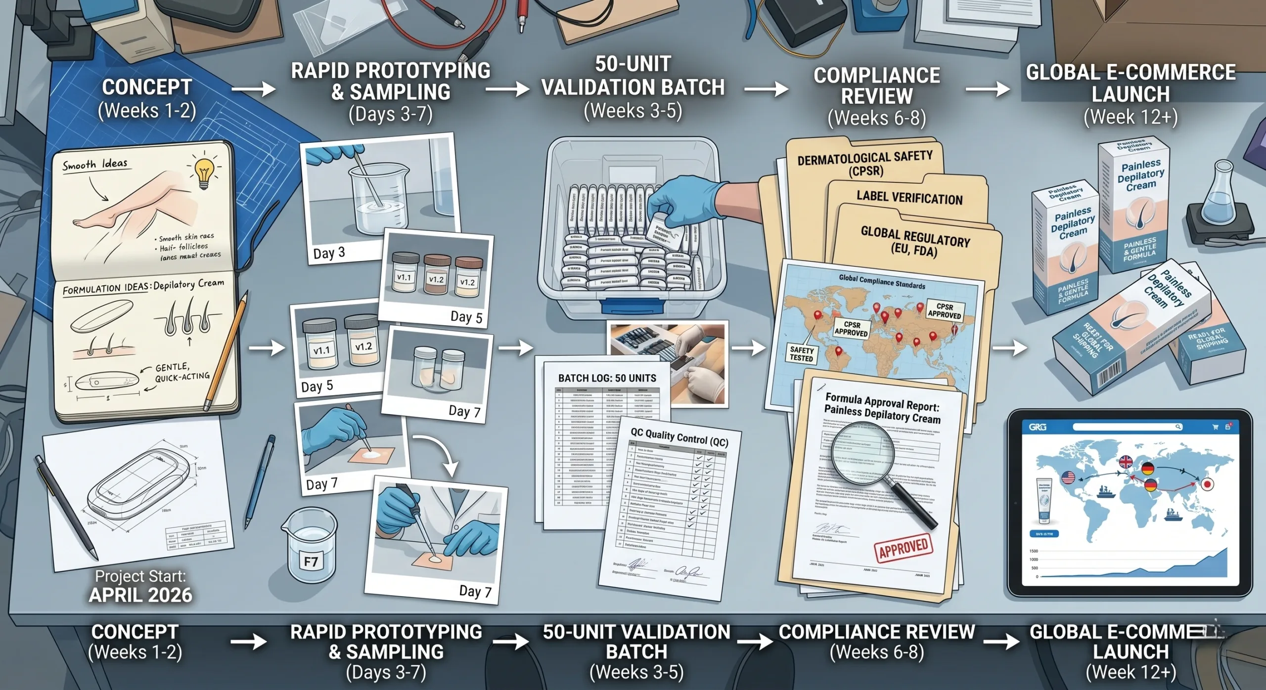 Painless Hair Removal Cream rapid prototyping timeline from sampling to compliant global launch