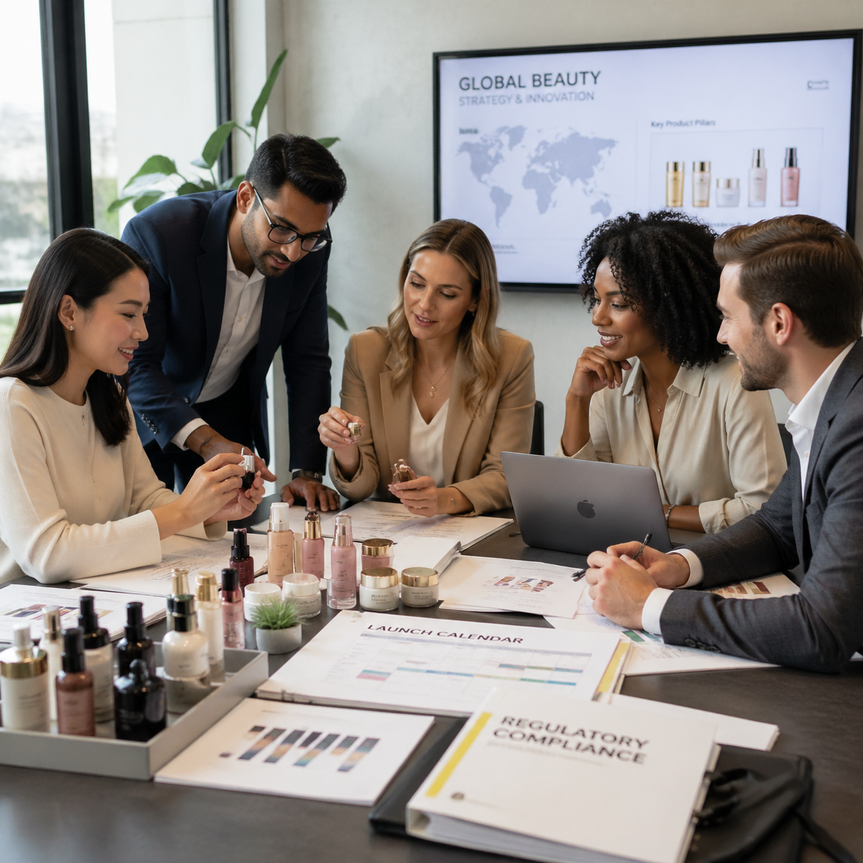 Premium CTA scene showing a global beauty team reviewing samples compliance documents and a launch calendar