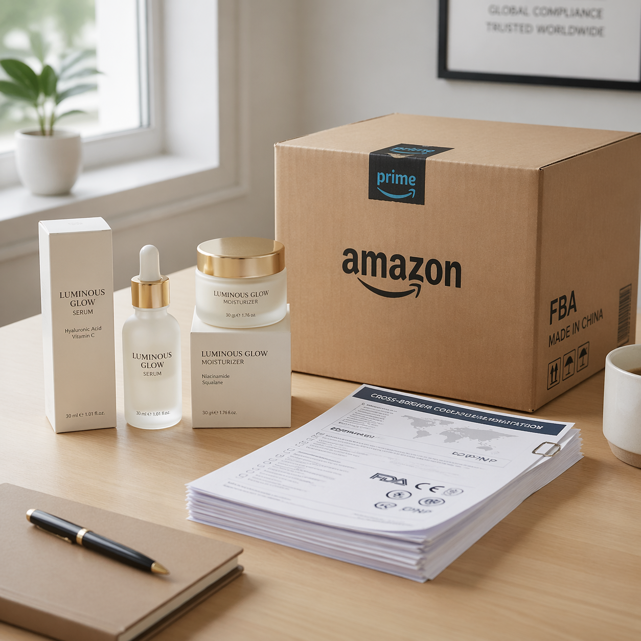 Premium compliant packaging FBA carton design and cross border documentation stack on a clean desk