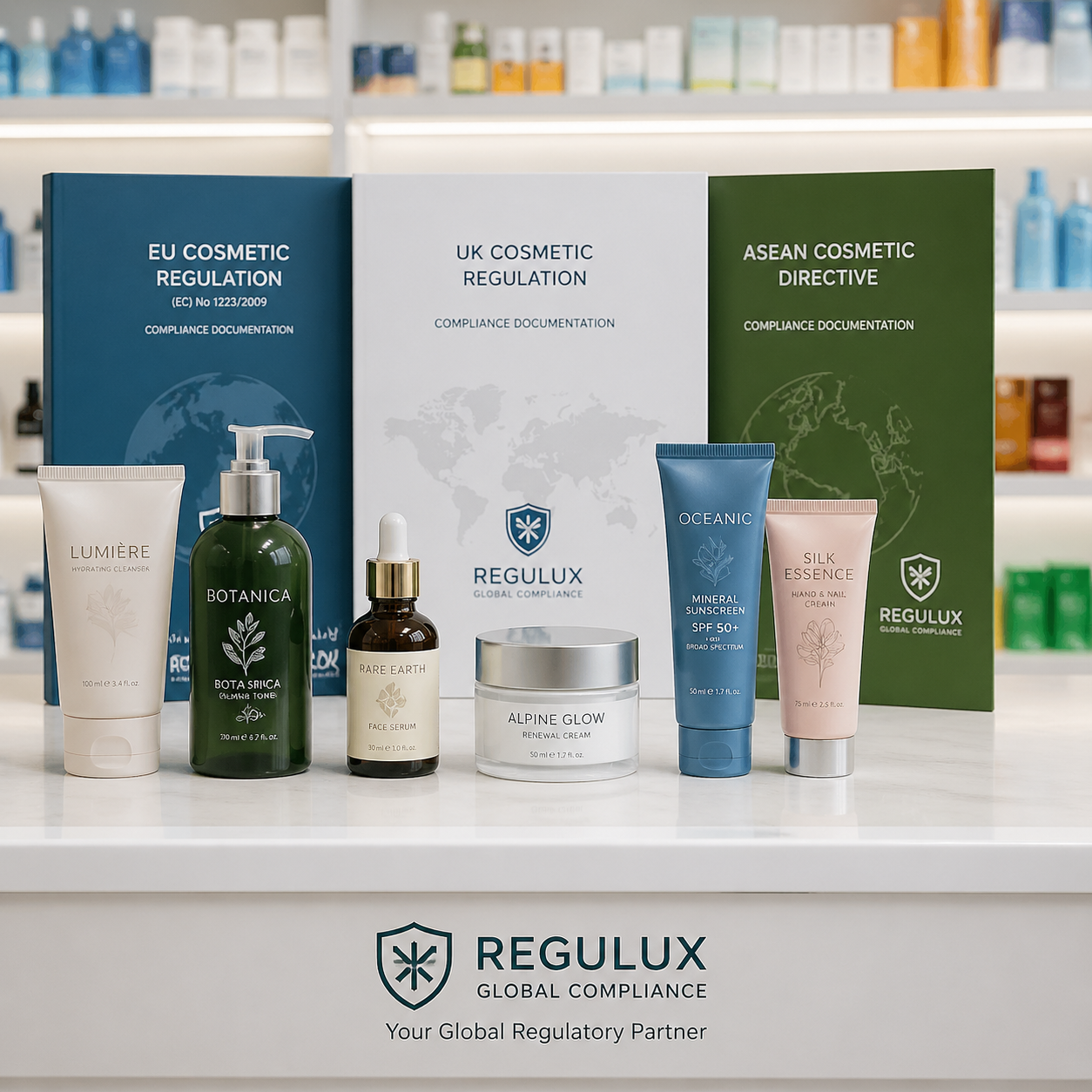 Premium hero visual showing a modern pharmacy shelf global retail packaging and compliance documentation
