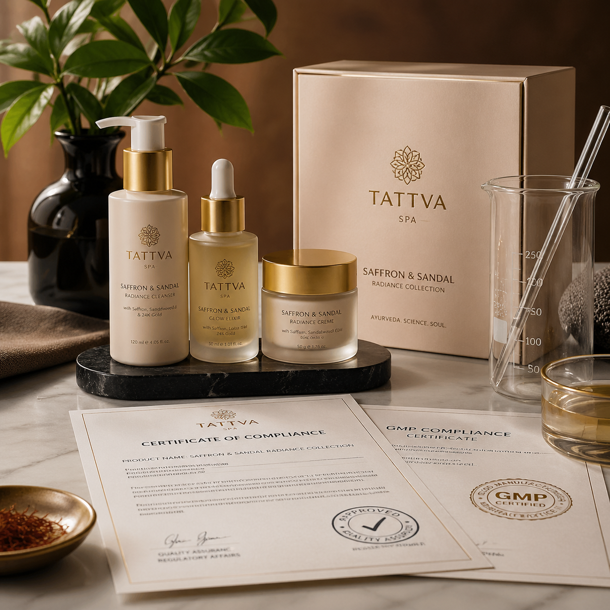 Premium spa product collection arranged beside compliance documents lab equipment and elegant packaging