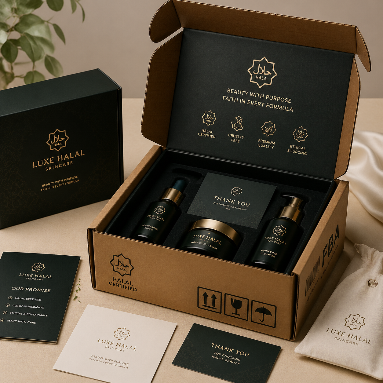 Premium unboxing scene showing halal certified beauty packaging optimized for Amazon FBA and cross border shipping