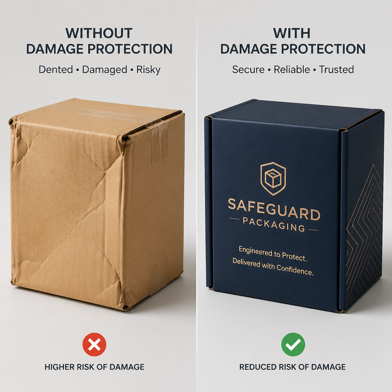 Side by side comparison of generic packaging versus premium branded packaging and damage reduction impact