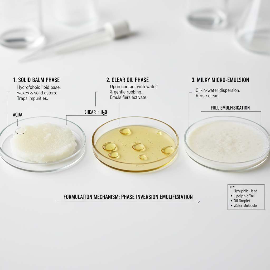 Technical diagram of Melting Cleansing Balms emulsification mechanism for skincare brands