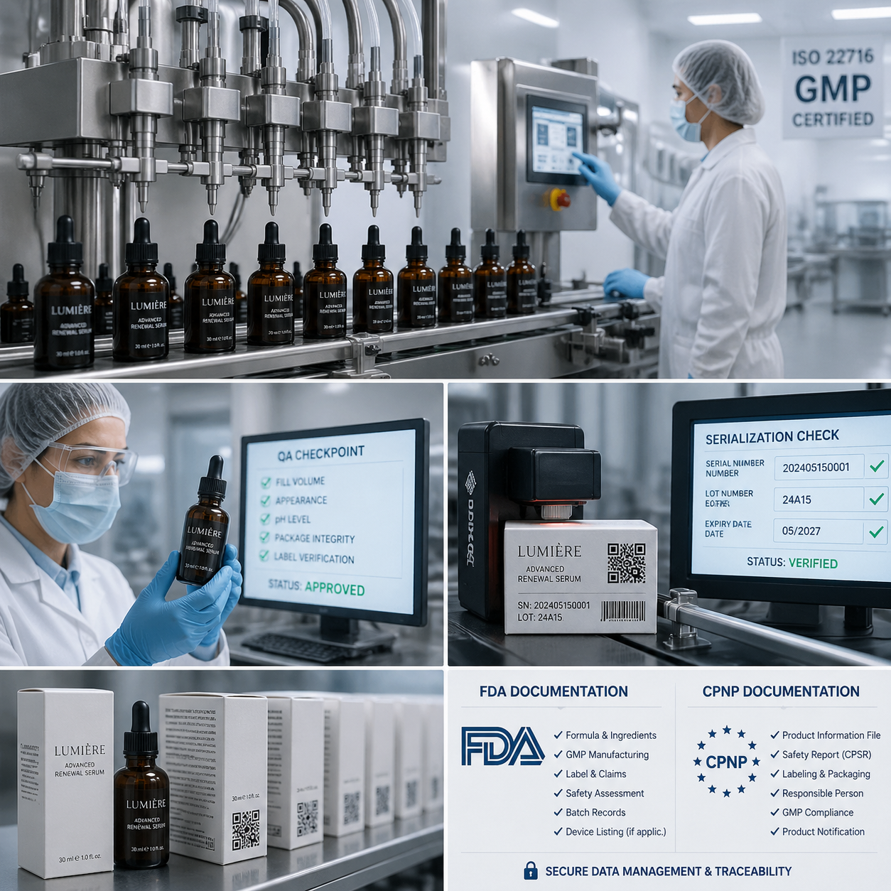 Vitamin C serum stability clean manufacturing QA packaging compliance scene