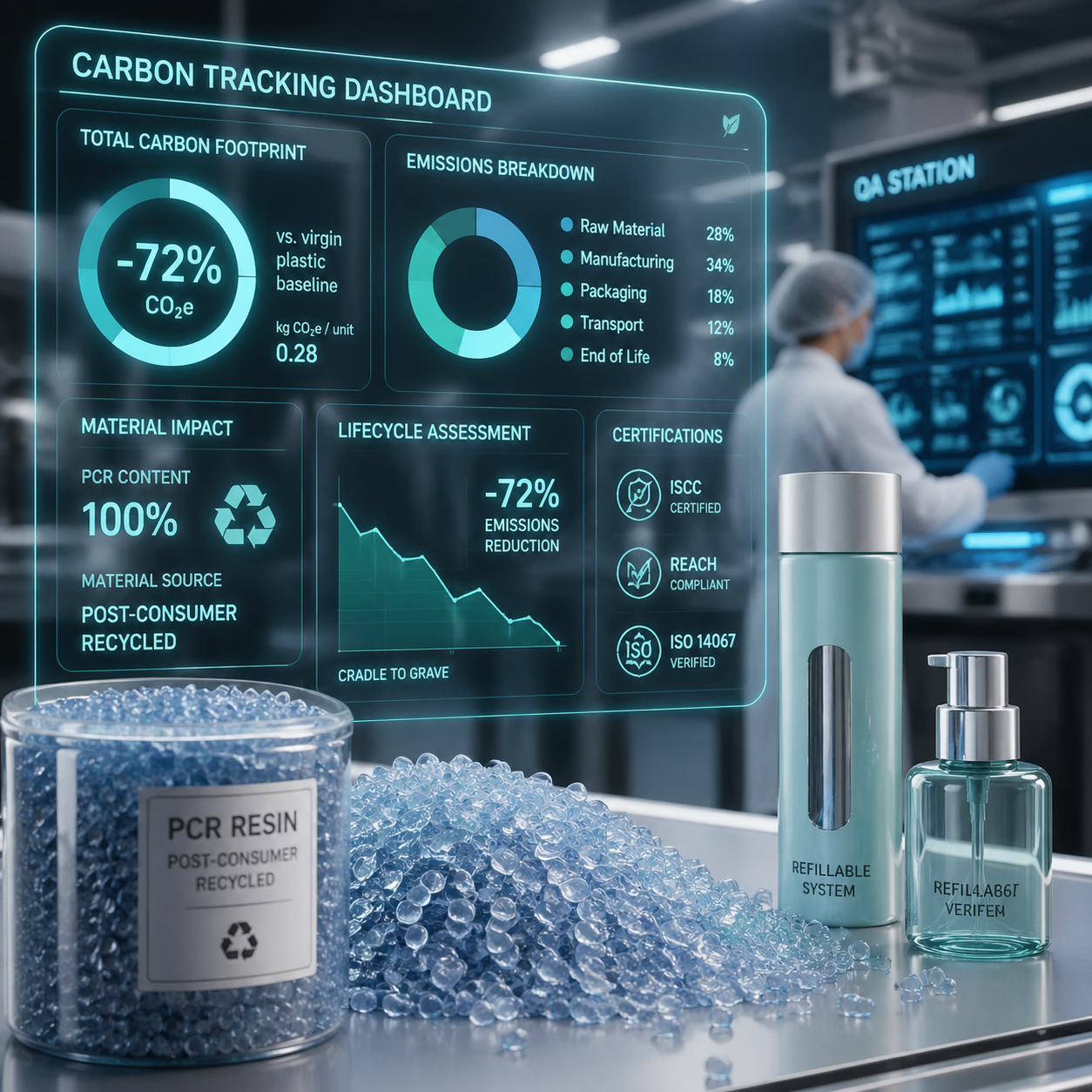 carbon tracking dashboard over PCR resin pellets refillable packaging and factory QA station