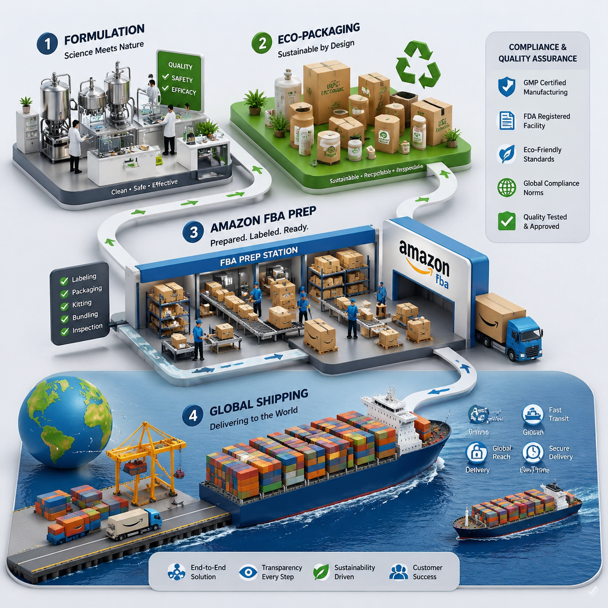 logistics and compliance flowchart showing formulation packaging FBA prep and global shipping