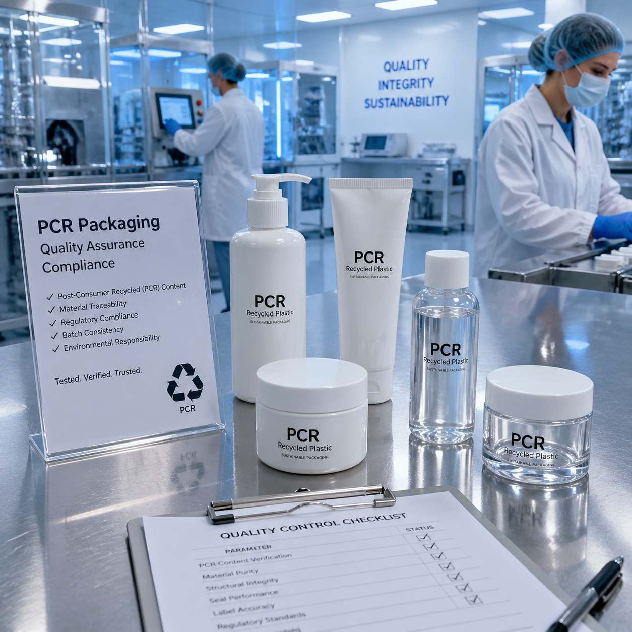 premium QA and compliance scene in clean manufacturing environment with PCR packaging samples