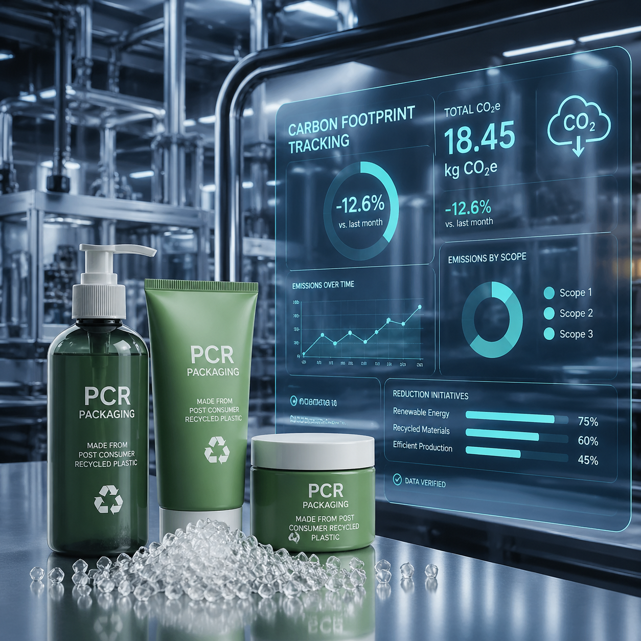 premium hero visual of PCR packaging carbon dashboards and modern manufacturing equipment