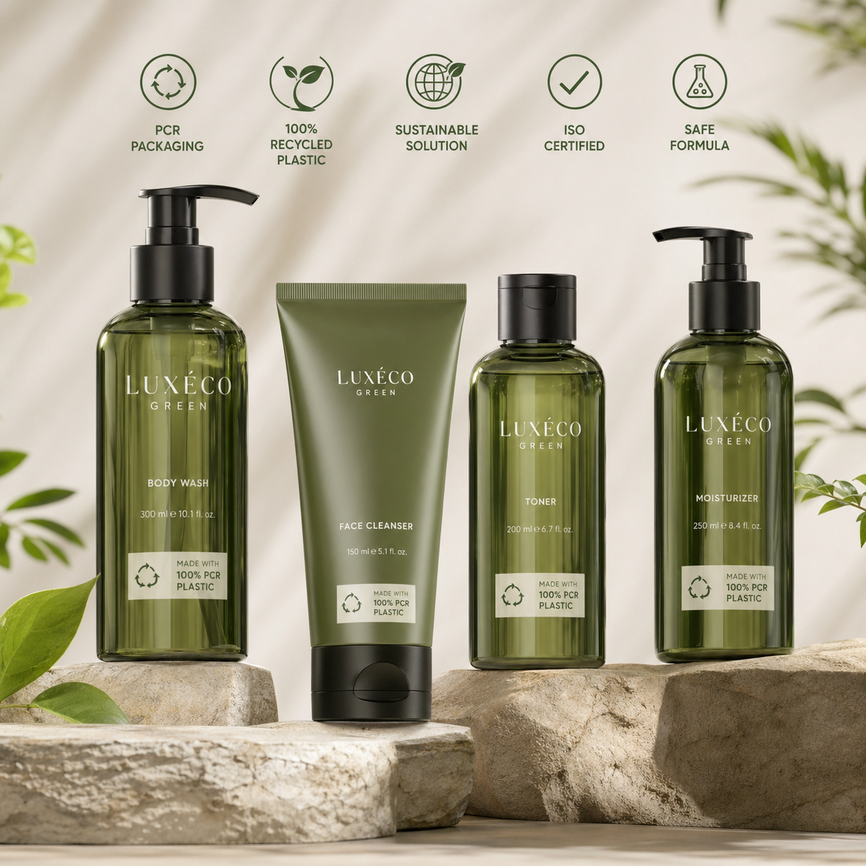 premium product lineup in PCR packaging with sustainability labels and compliance icons