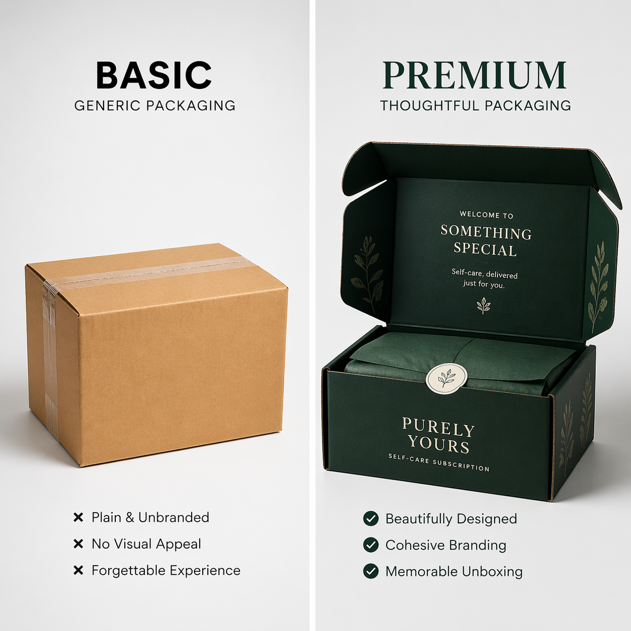 Side comparison of generic packaging versus premium cohesive subscription packaging with a clear visual lift