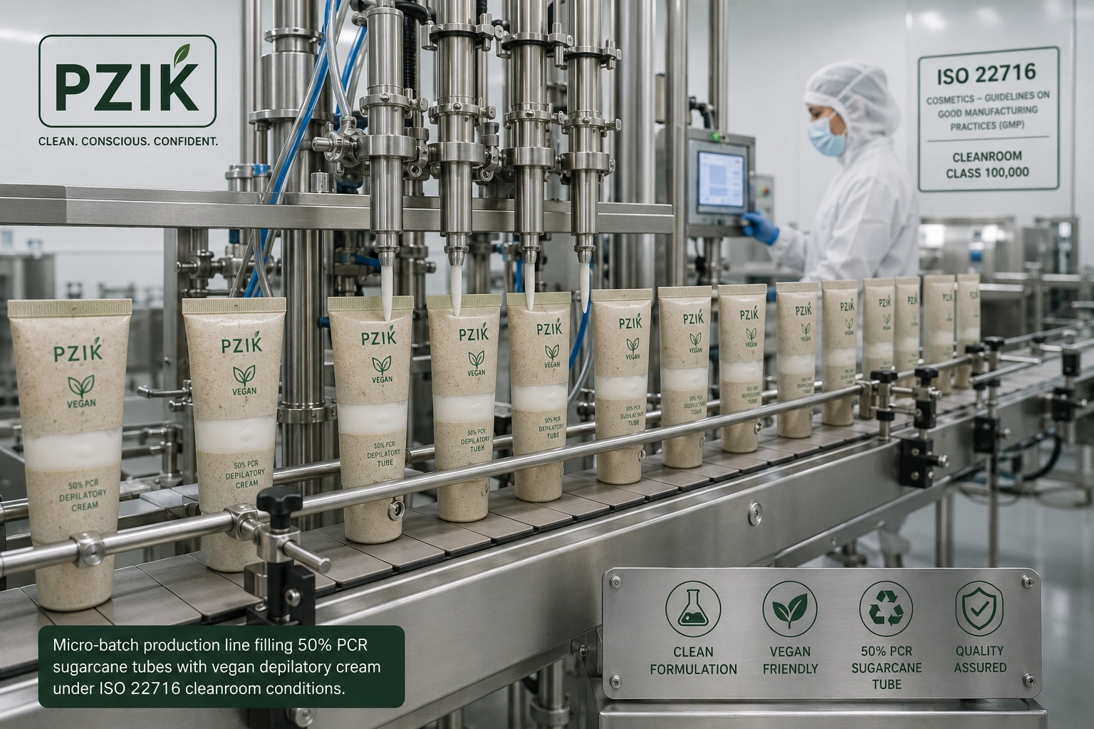 Automated GMP cosmetic manufacturing line filling eco friendly PCR tubes with vegan depilatory cream
