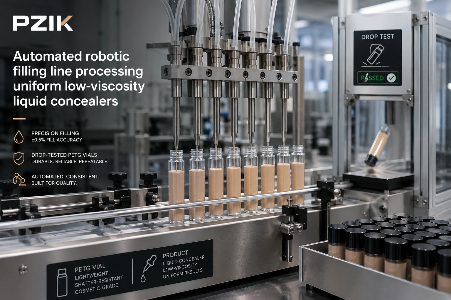 Automated filling line for 40 shade concealer OEM production into PETG packaging
