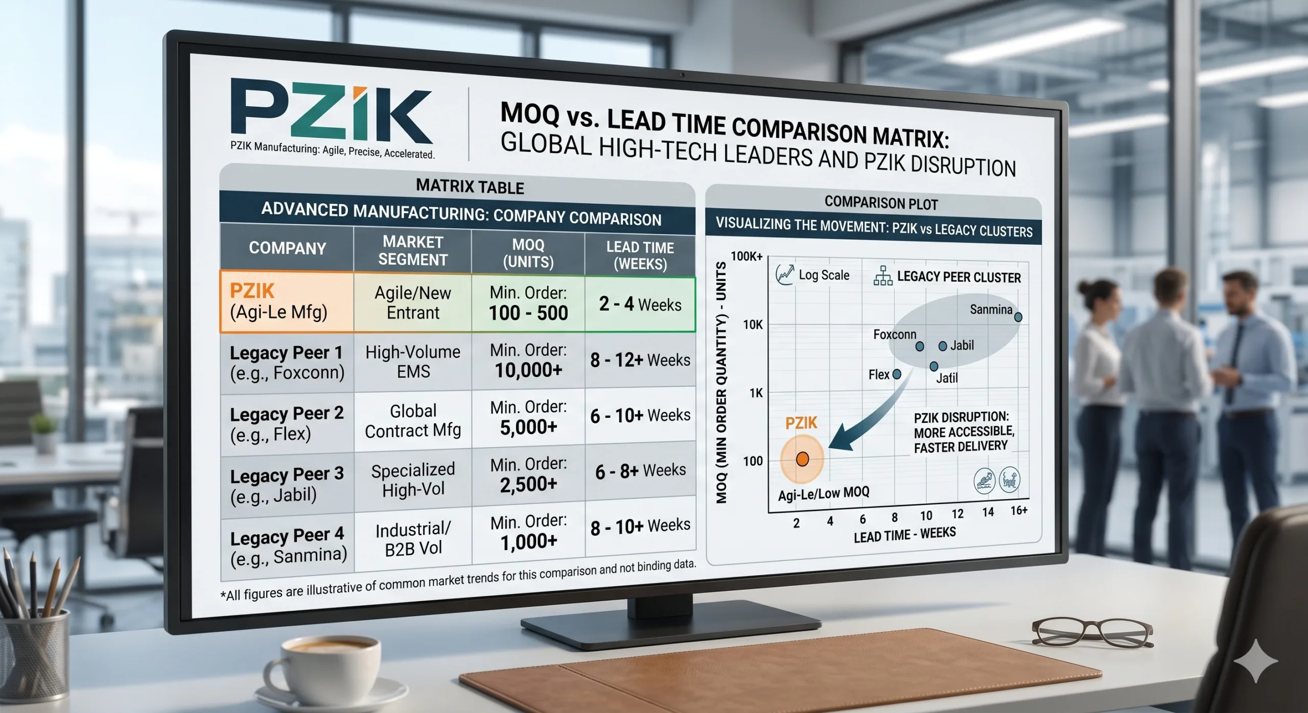 Comparison matrix infographic of MOQ vs lead time for the Top 5 with PZIK plotted against legacy peers