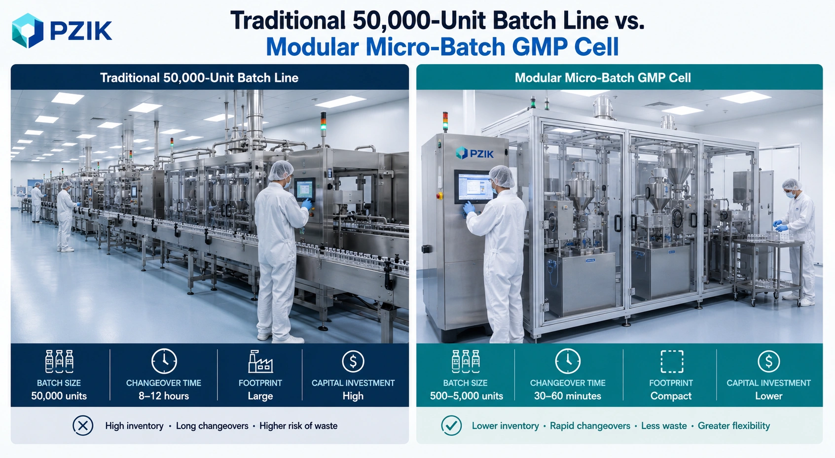 Comparison of traditional large scale cosmetic batch line versus modular micro batch GMP manufacturing cell with cleanroom technicians