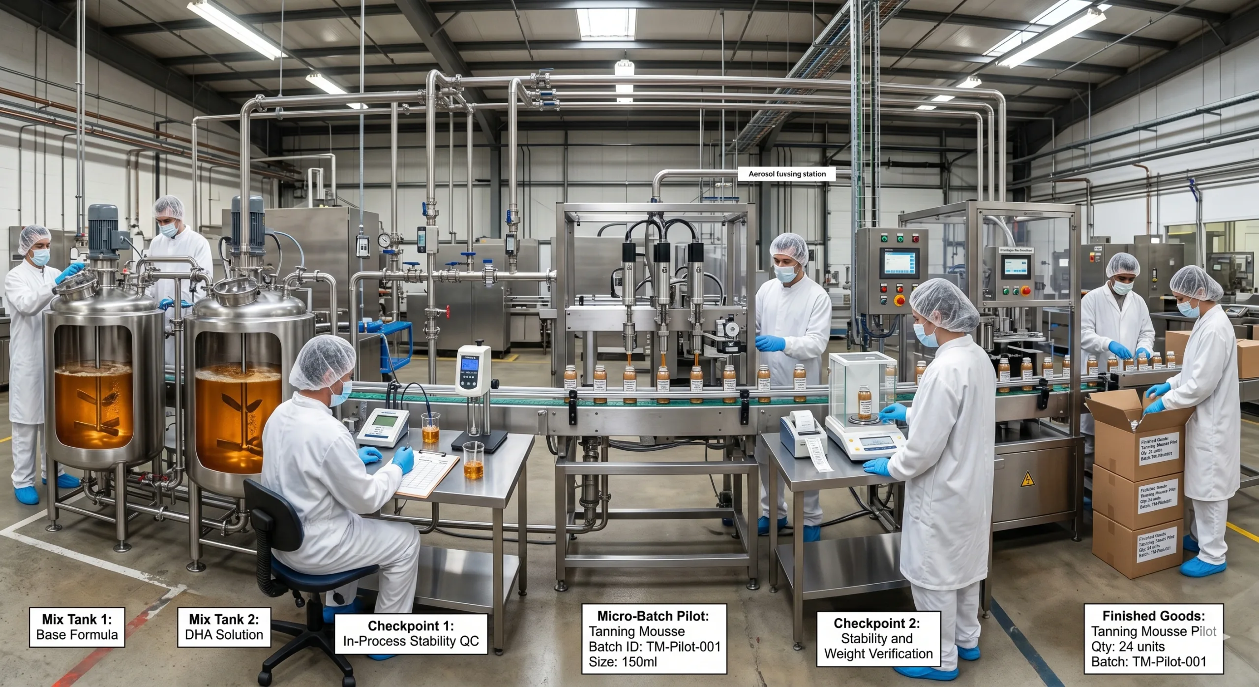 Cross section of micro batch GMP line producing 1000 unit tanning mousse pilot with stability QC checkpoints