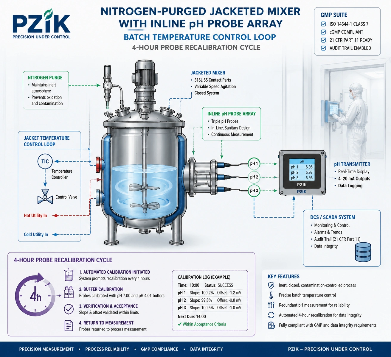 Cross section of nitrogen purged jacketed mixer with inline pH probe