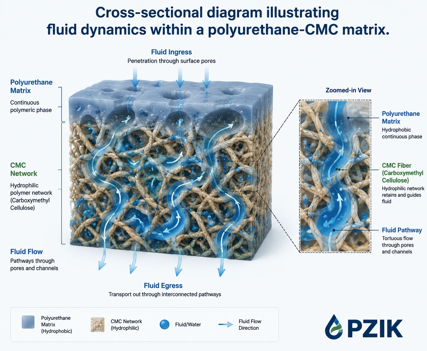 Cross-sectional diagram of hydrocolloid technology mechanism showing fluid absorption and polyurethane matrix structure