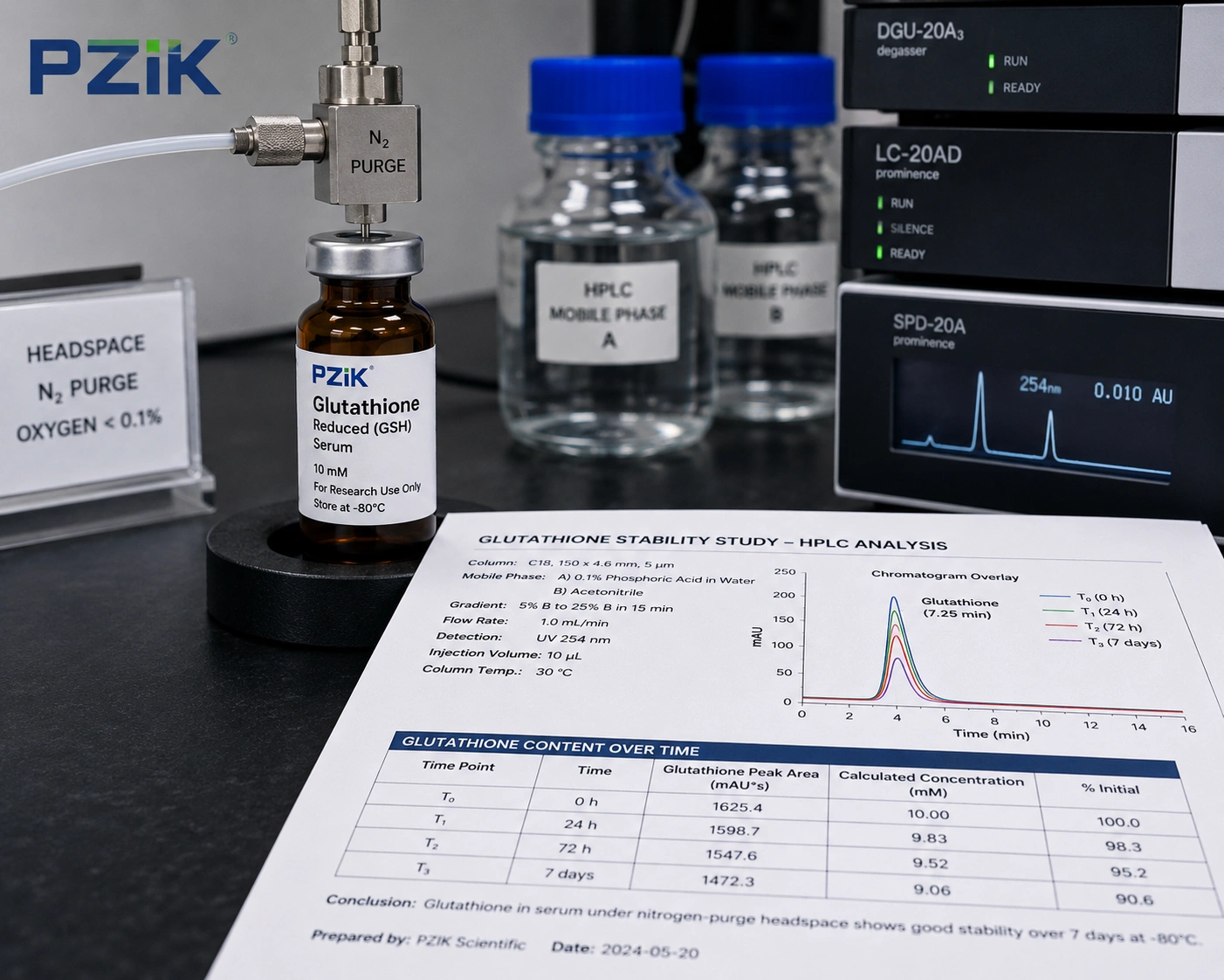 Glutathione serum stability testing in amber glass vial with HPLC data analysis lab setup for cosmetic manufacturing