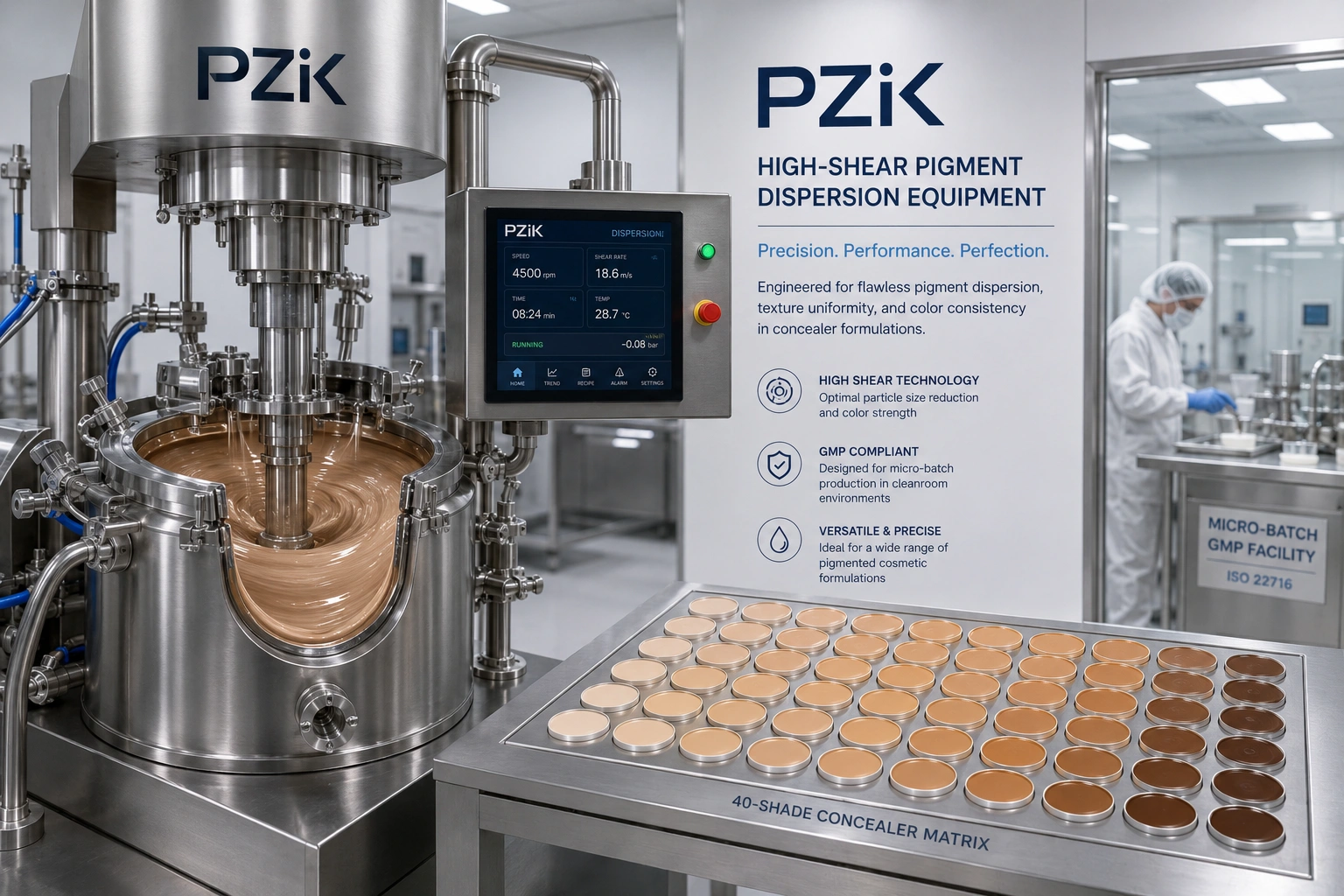 High shear pigment dispersion machine used for inclusive concealer manufacturing in a GMP factory