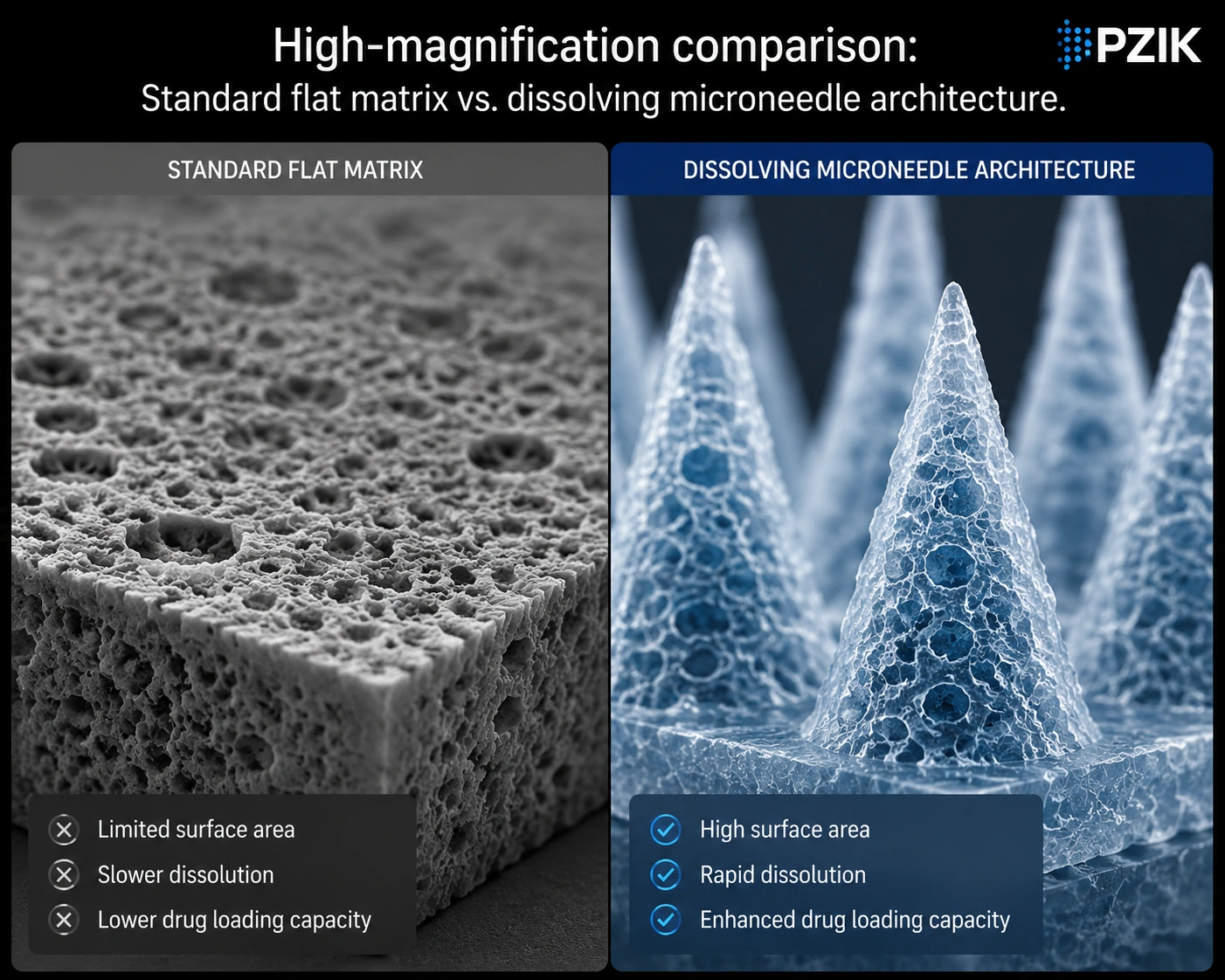 Microscopic view comparing flat hydrocolloid patch adhesion to hyaluronic acid dissolving microneedle structure