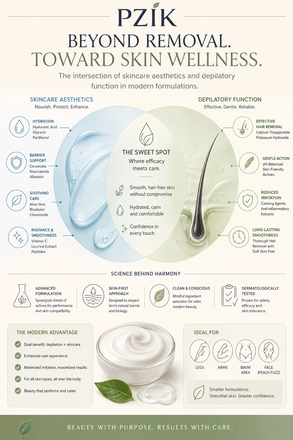 Sensory design formulation chart showing the blend of mask textures with vegan hair removal cream active ingredients