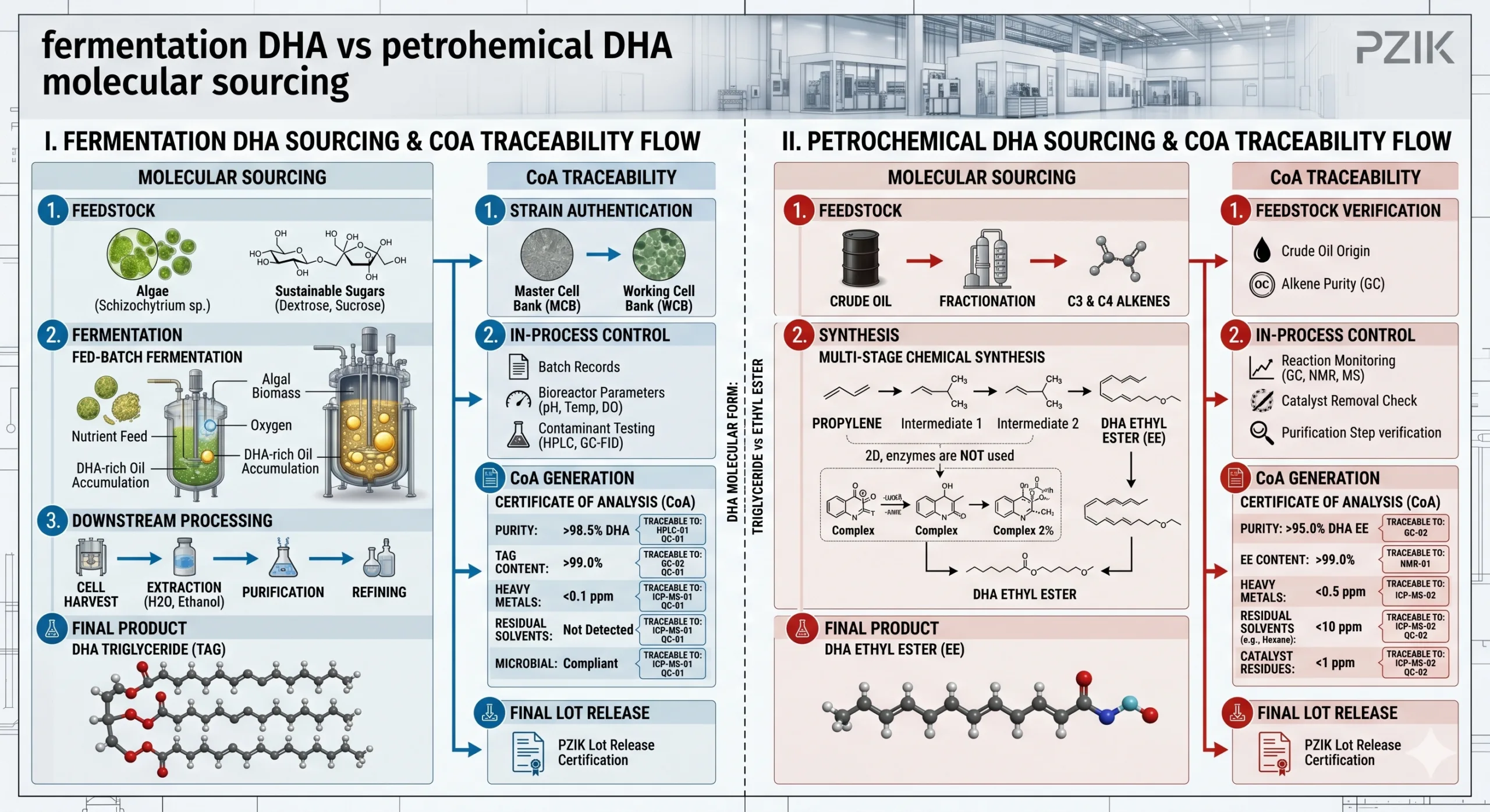 Side by side fermentation DHA vs petrochemical DHA molecular sourcing diagram with CoA traceability flow