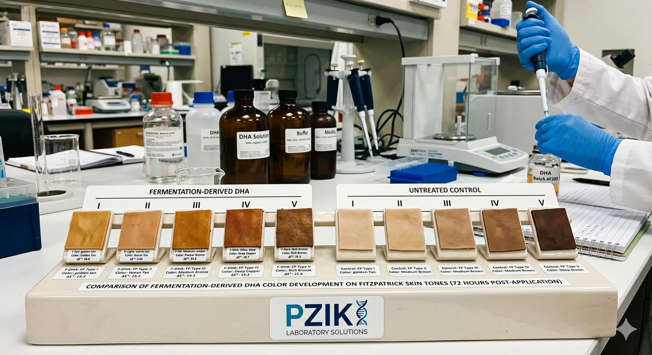 Side by side lab comparison of fermentation derived DHA color development on five Fitzpatrick skin tone swatches