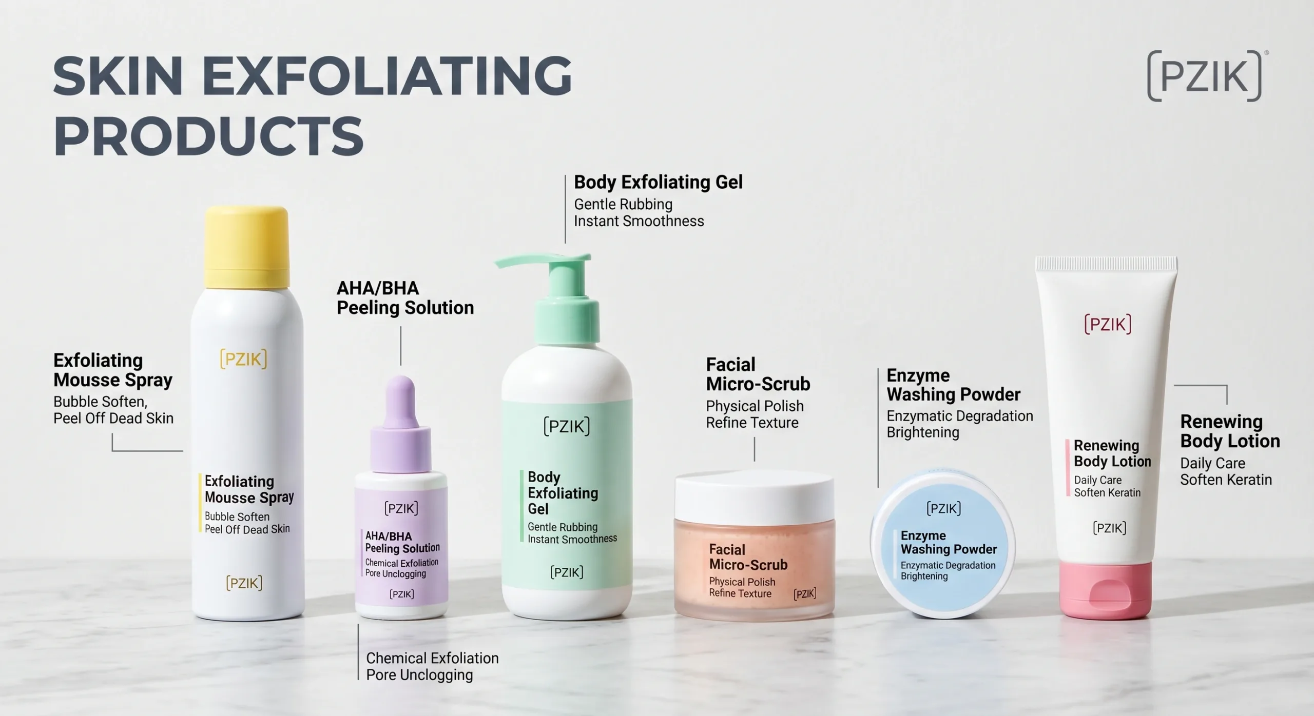 Skin exfoliating products collection in macaron colors